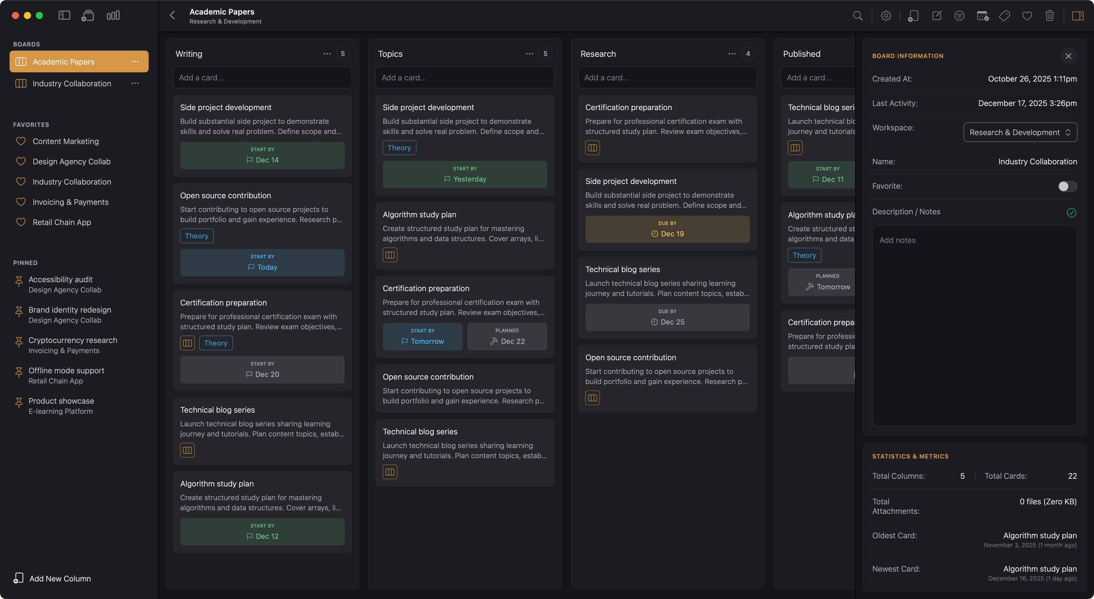 A project board from a workspace of the Kanodo app