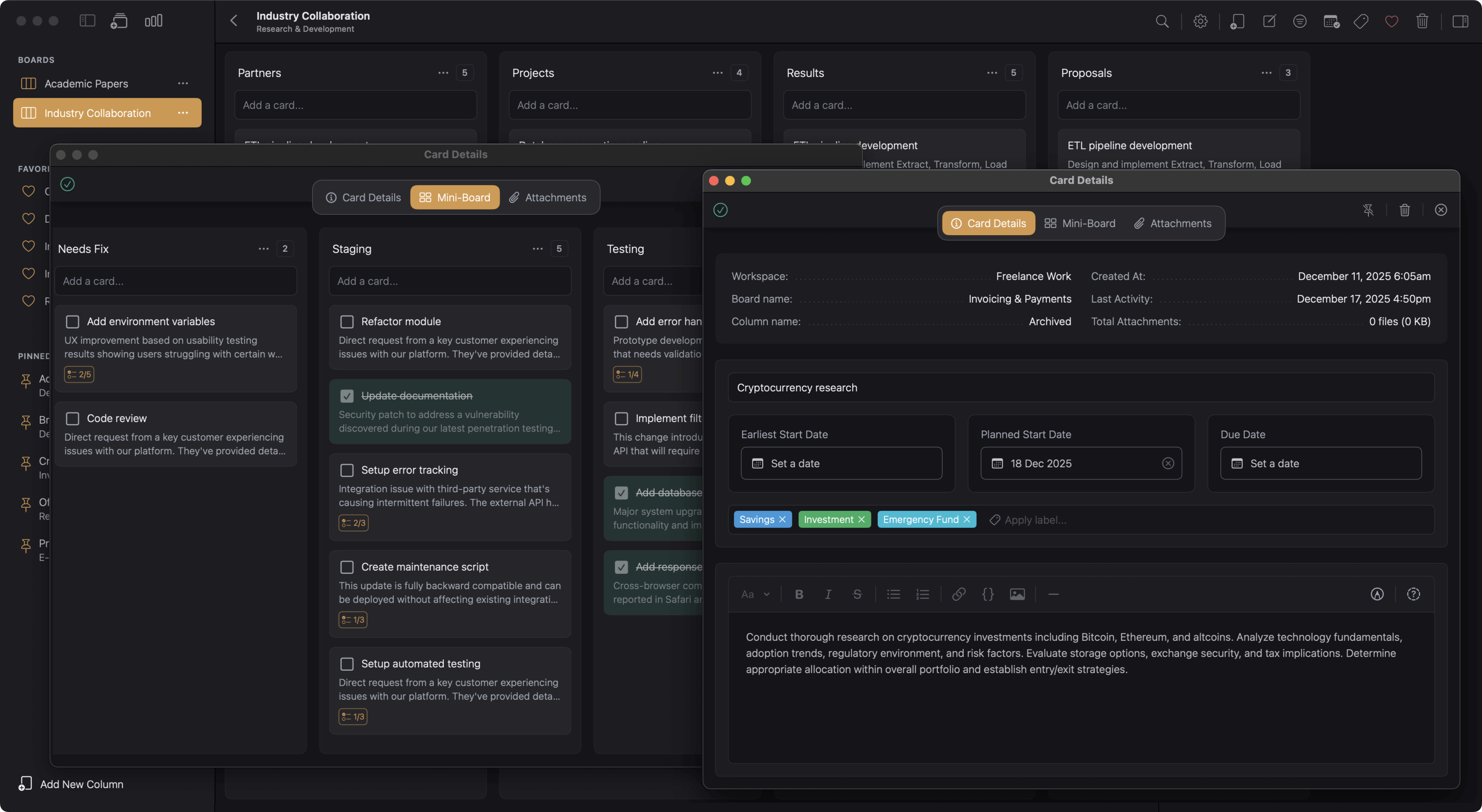 Kanodo app showing multiple board cards open